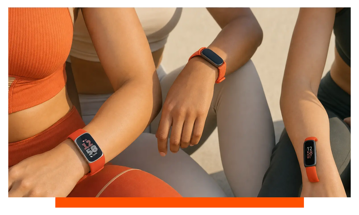 Three smartwatches worn on separate wrists, worn, mid-workout - Fitbit Charge 6 and Fitbit Air and Fitbit Inspire 3