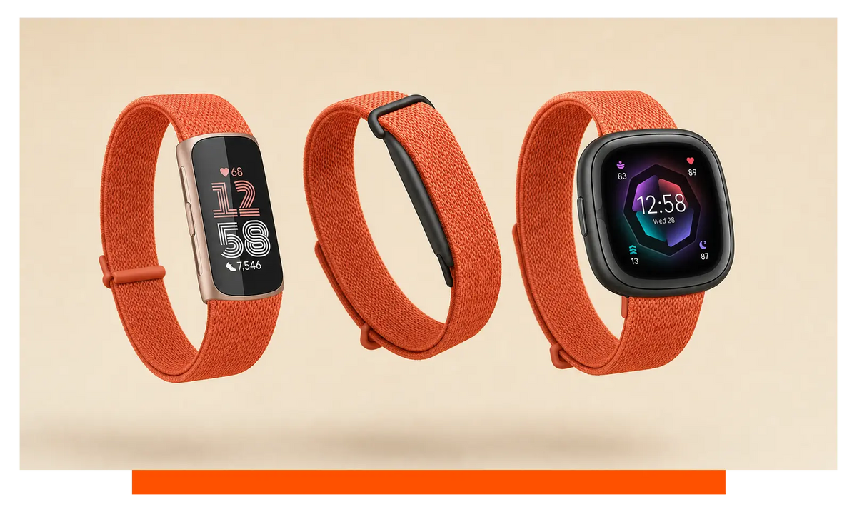 Three smartwatches shown side by side, floating in the studio - Fitbit Charge 6 and Fitbit Air and Fitbit Sense 2