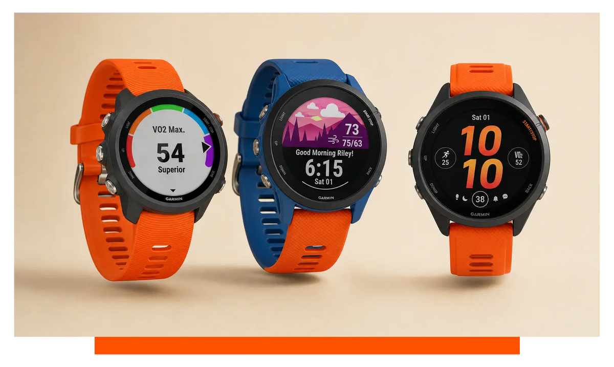 Three smartwatches shown side by side, floating in the studio - Garmin Forerunner 245 and Garmin Forerunner 255 and Garmin Forerunner 265