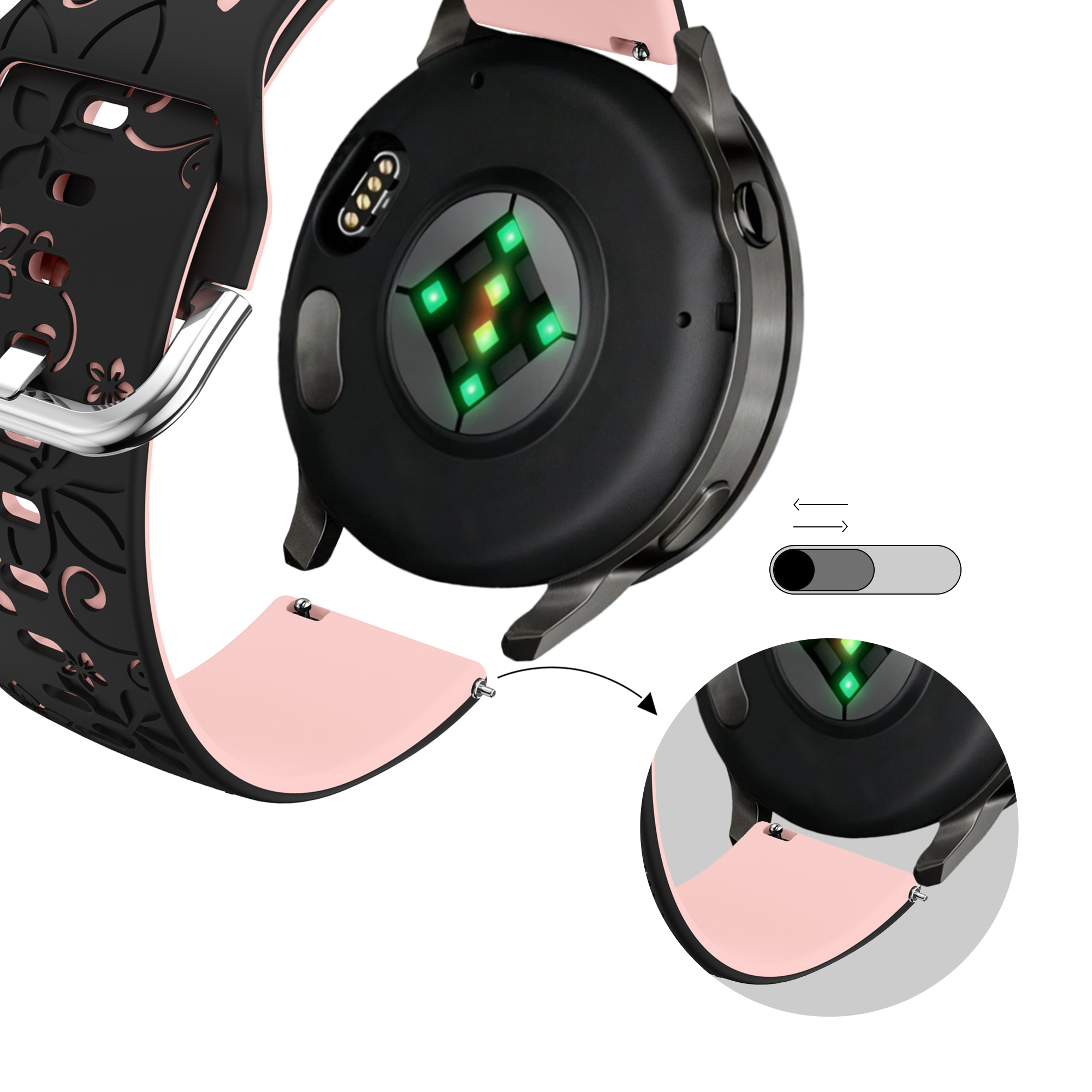 Bandz Garmin Approach S44 Silicone Strap 'Flowers' (Black/Light Pink)