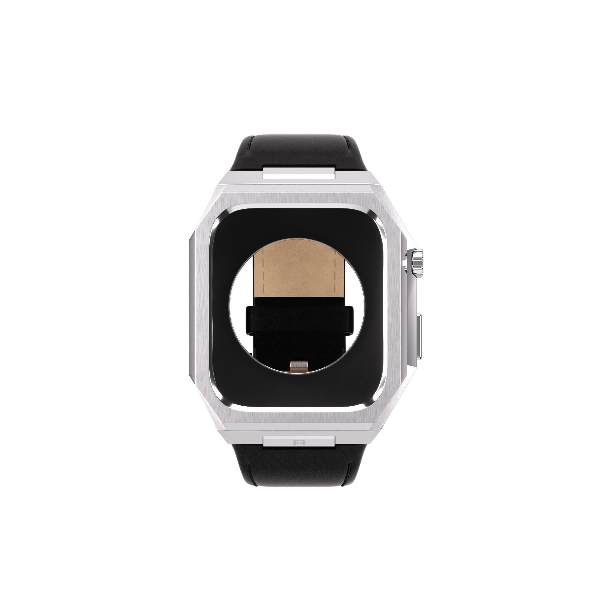 Reqior Apple Watch 45mm metalen case met leren band (zilver/zwart)