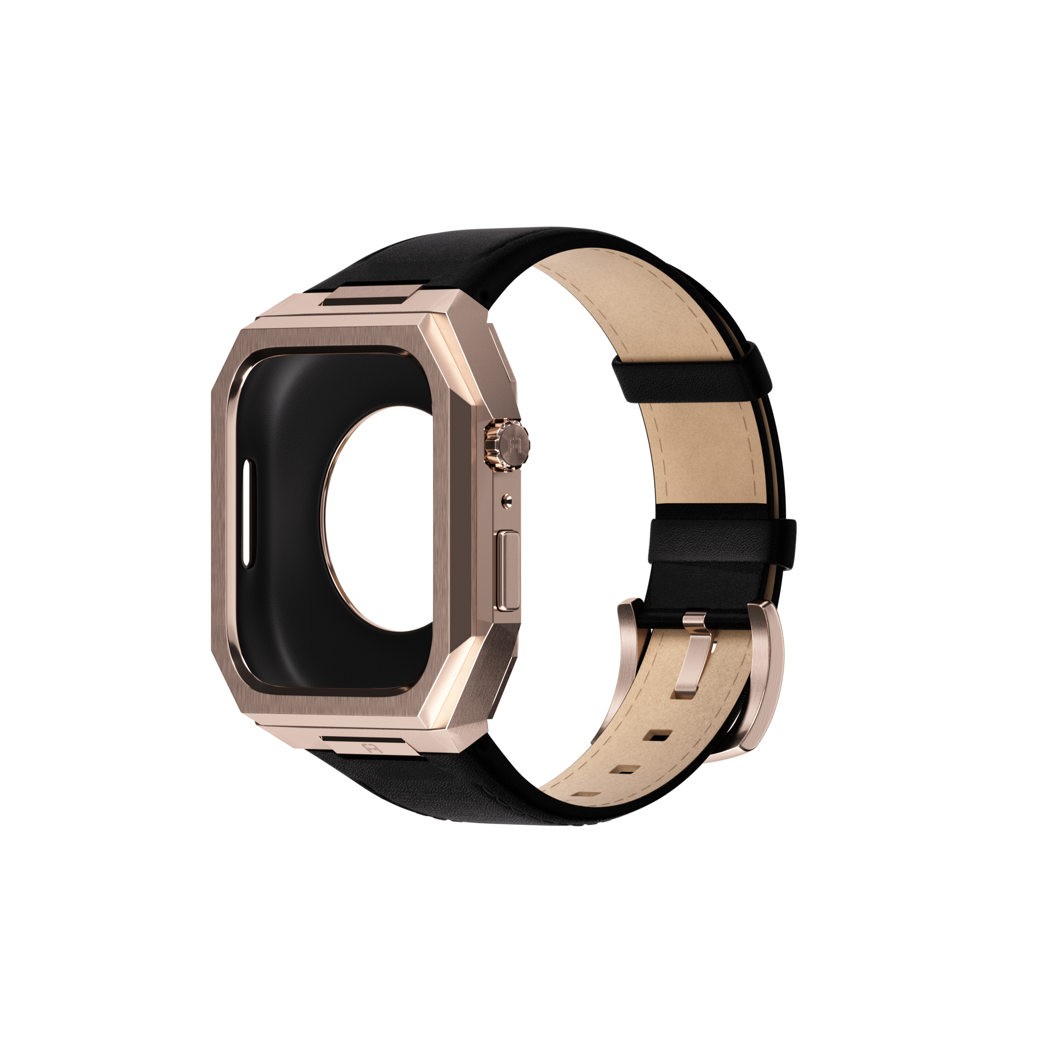 Reqior Apple Watch 45mm metalen case met leren band (roségoud/zwart)