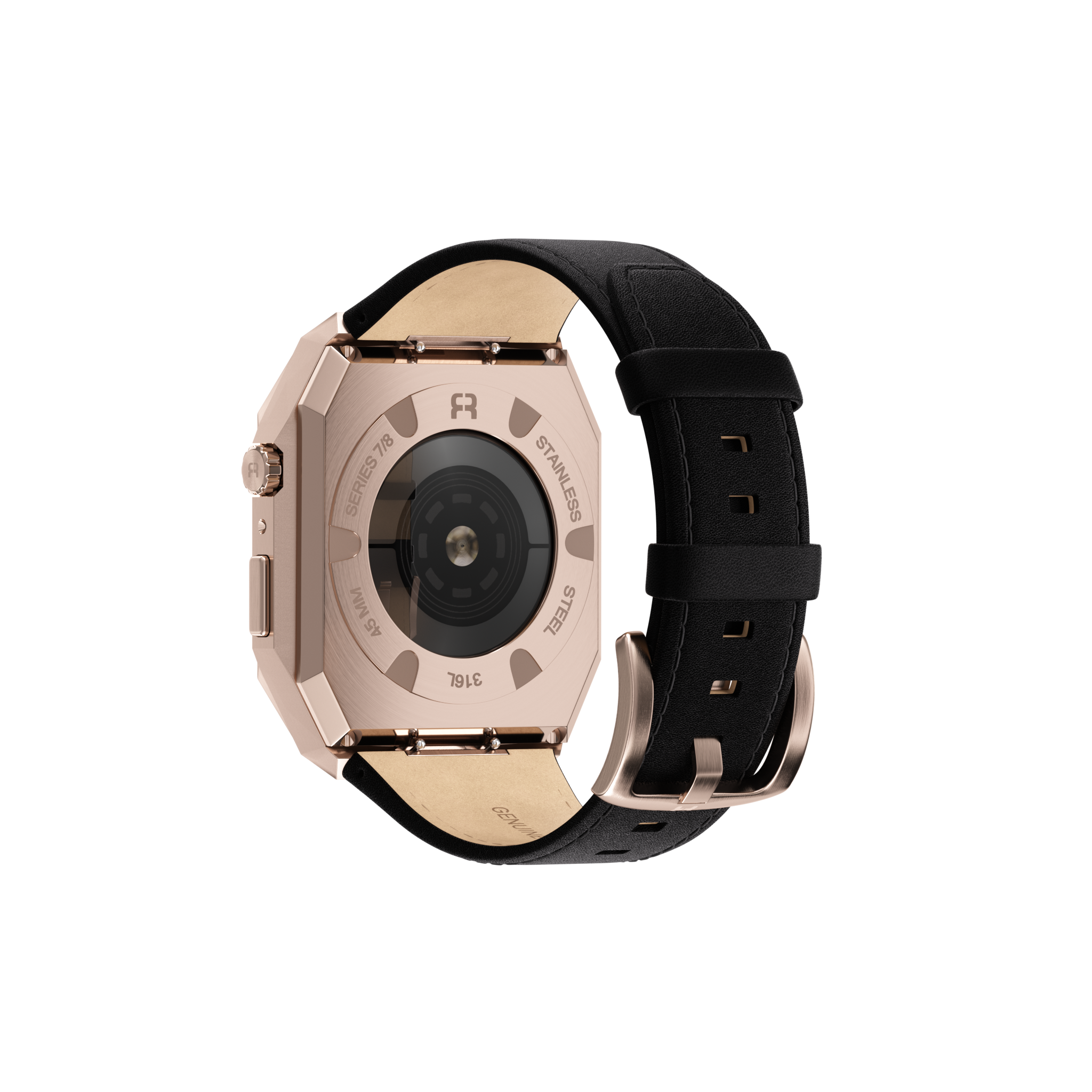 Reqior Apple Watch 45mm metalen case met leren band (roségoud/zwart)