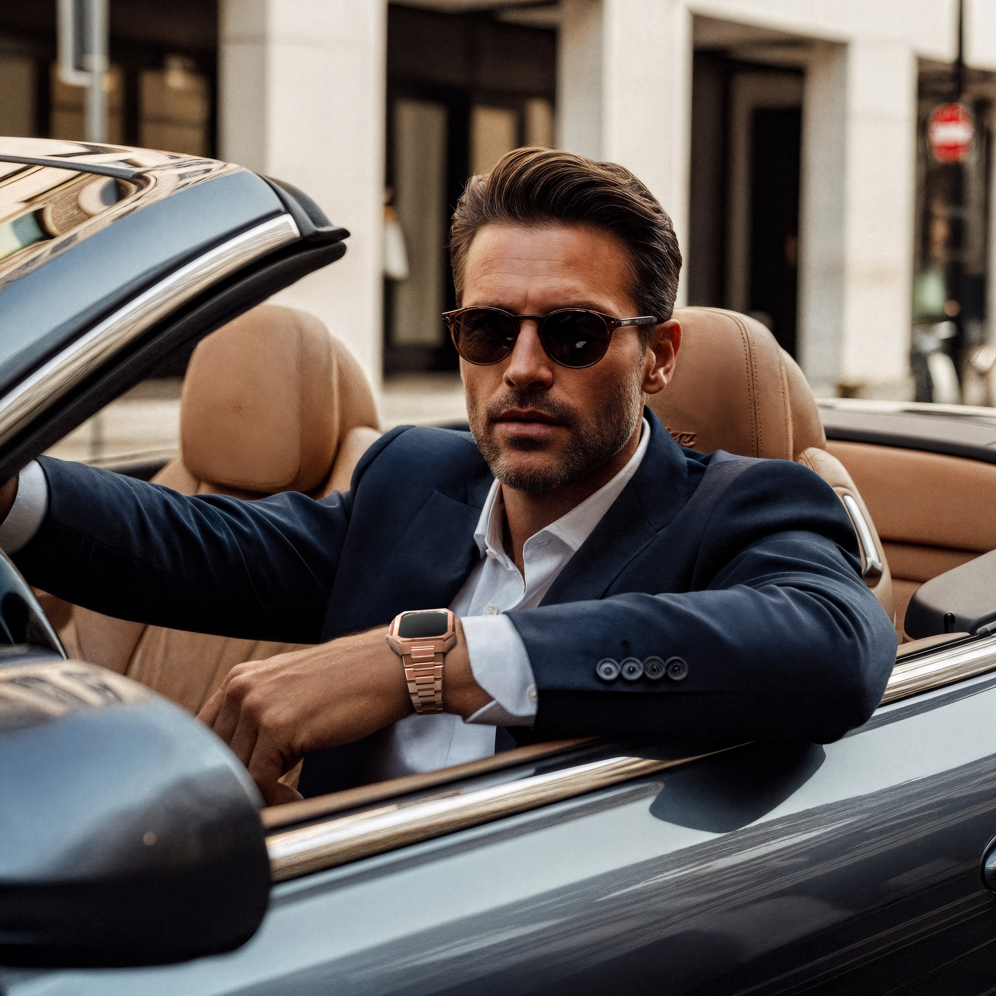 Reqior Apple Watch 45mm case met stalen band 'Nautilus' (roségoud)