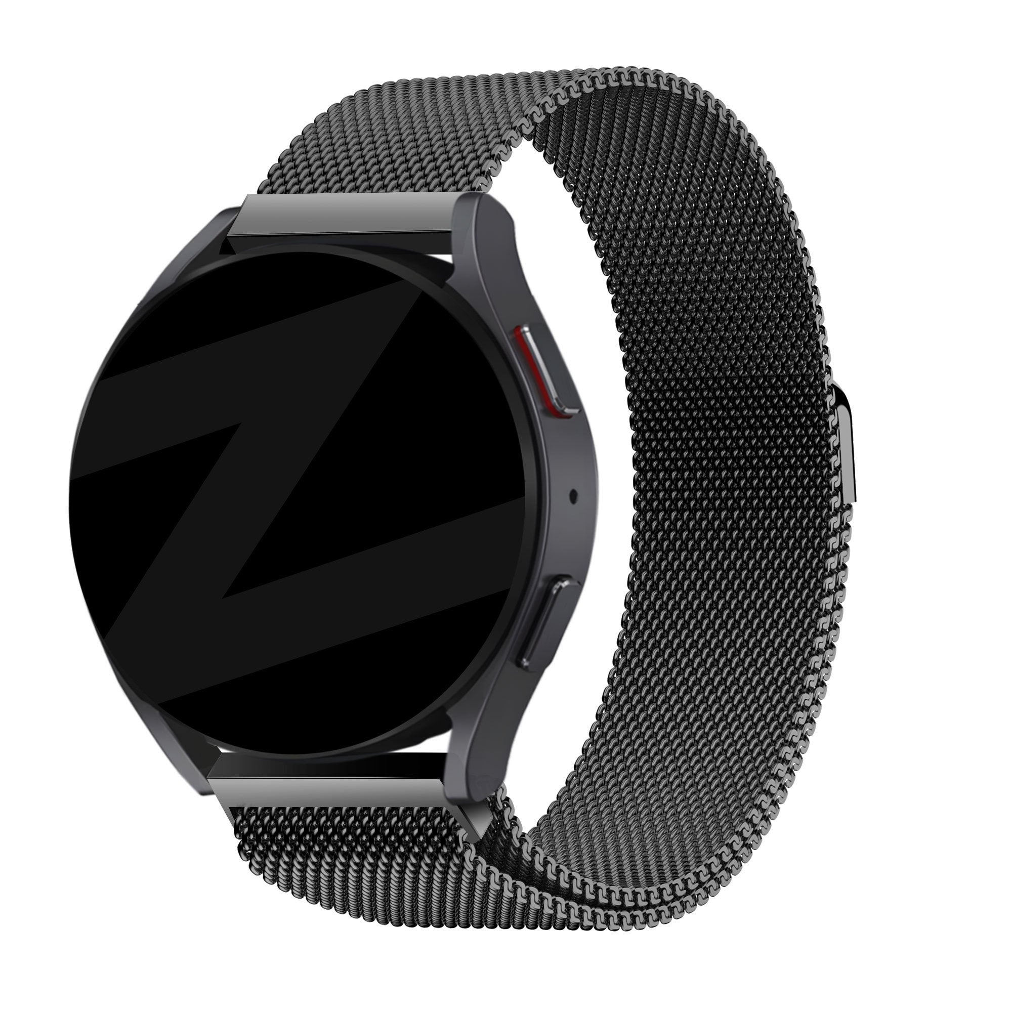 Milanese Loop Strap, black, on a watch, 3/4 front view