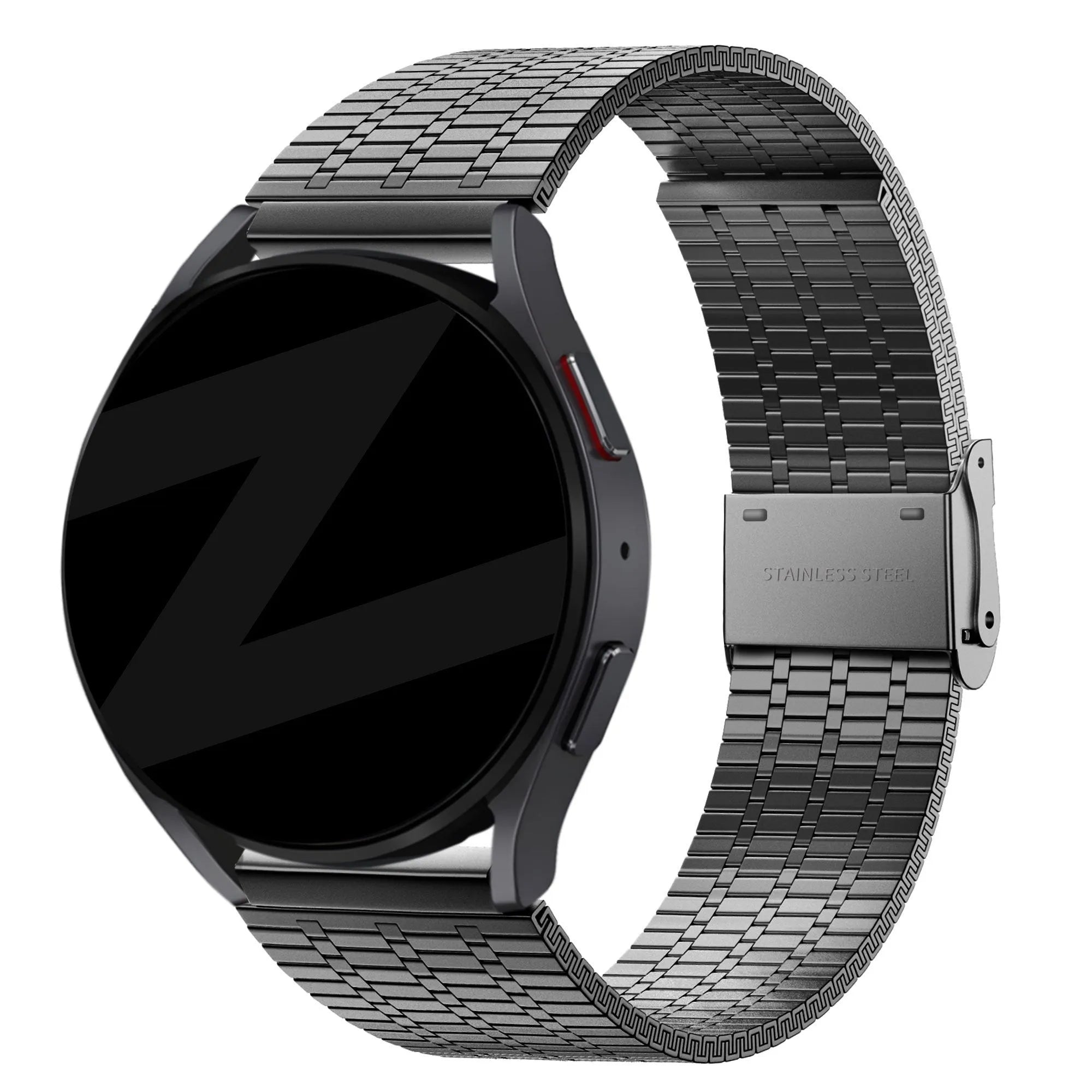 Adjustable Steel Strap, black, on a watch, 3/4 front view