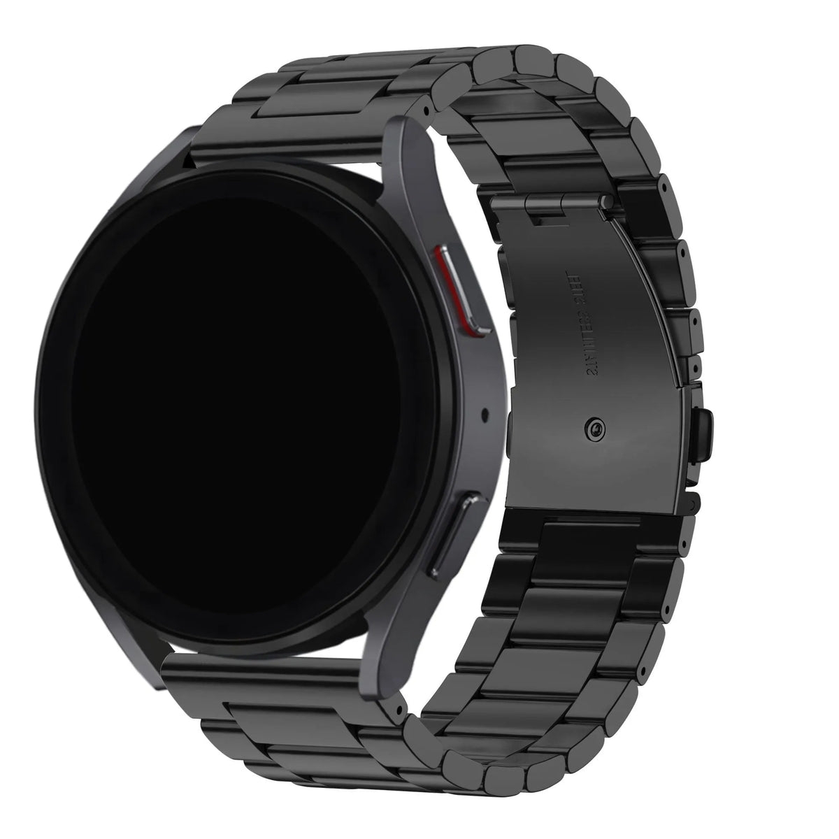 Steel Strap, black, on a watch, 3/4 front view