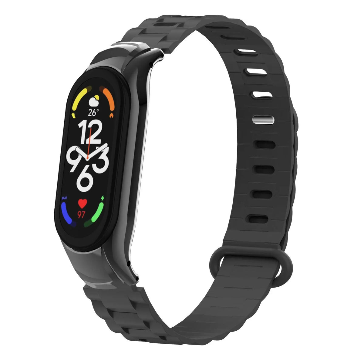Silicone TPU Strap with Frame, black, on a watch, 3/4 front view
