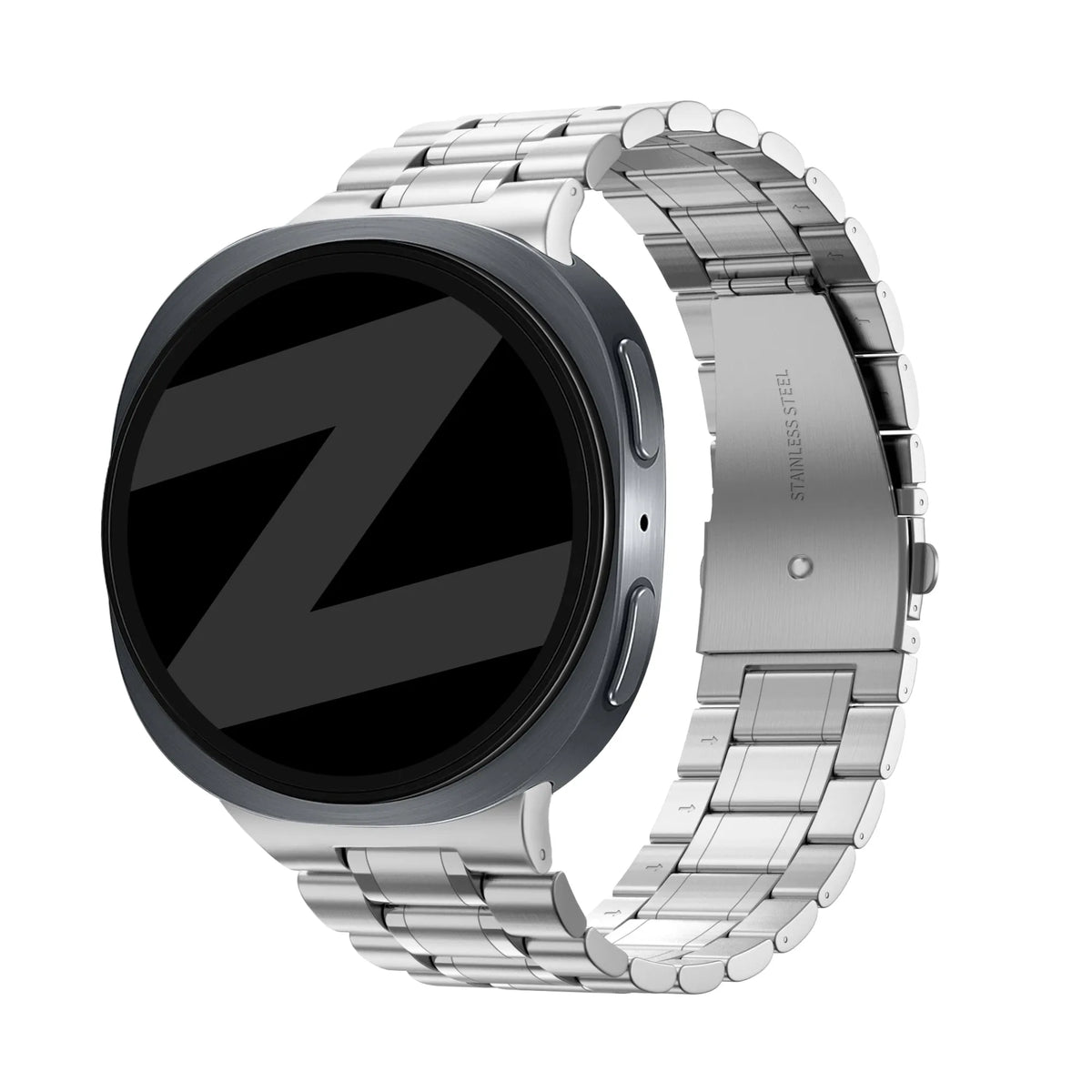 Steel Strap 'Deluxe', silver, on a watch, 3/4 front view