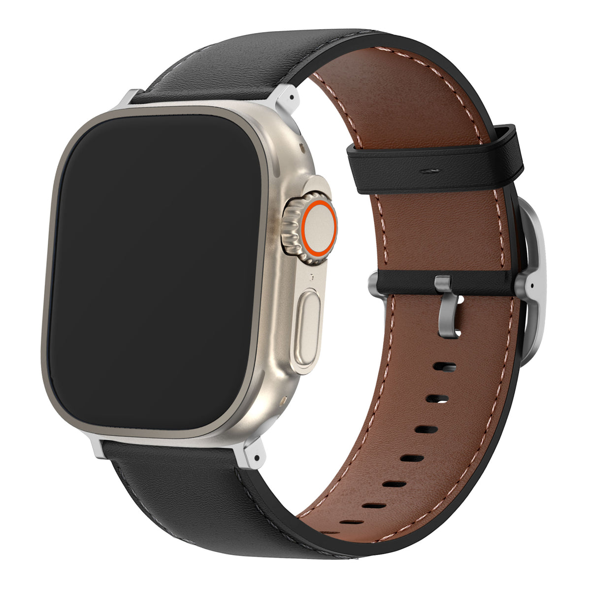 Leather Strap 'Classic', black, on a watch, 3/4 front view