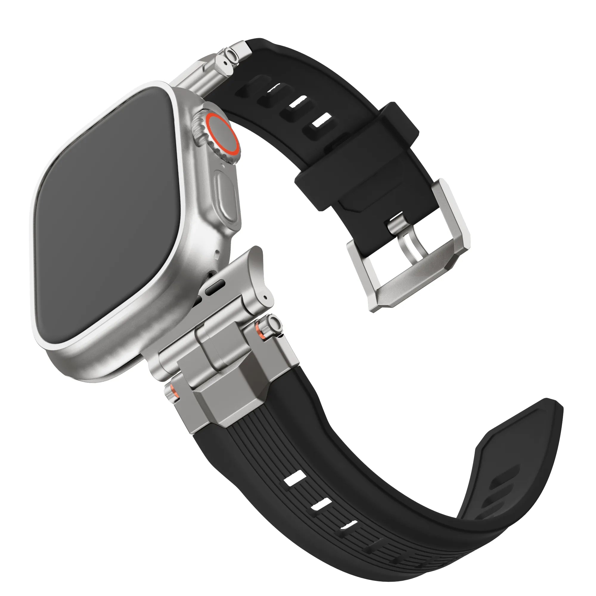Bandz Apple Watch liquid siliconen band 'Explorer' (zwart met titanium)