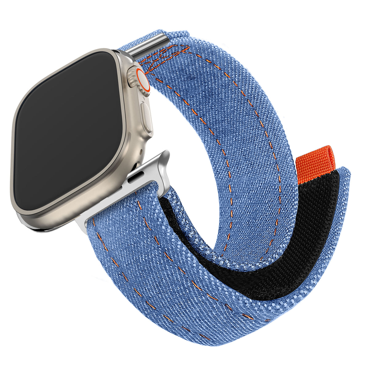 Nylon Denim Strap, light blue, on a watch, 3/4 front view