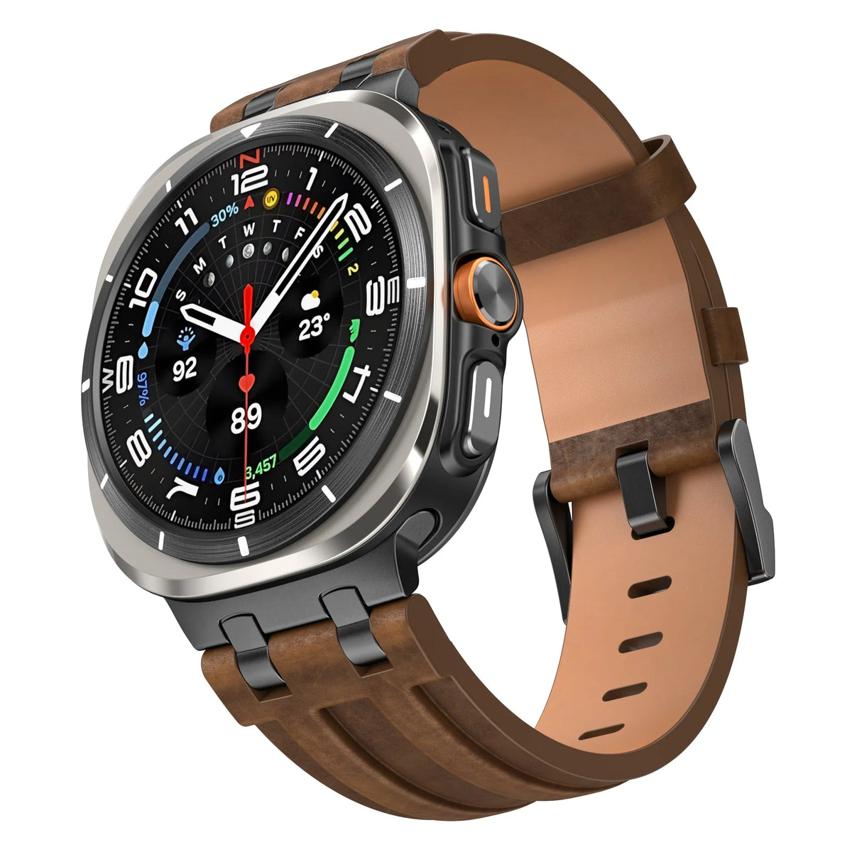 Solid Leather Strap, dark brown, on a watch, 3/4 front view