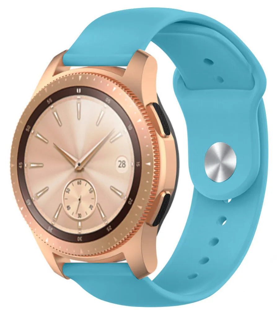 Silicone Sport Strap, light blue, on a watch, 3/4 front view