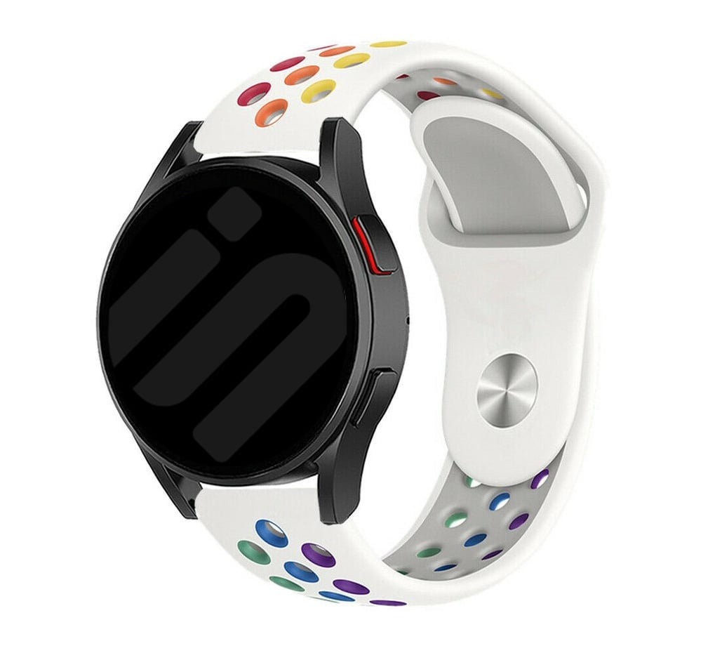 Silicone Sport Strap, white/colourful, on a watch, 3/4 front view