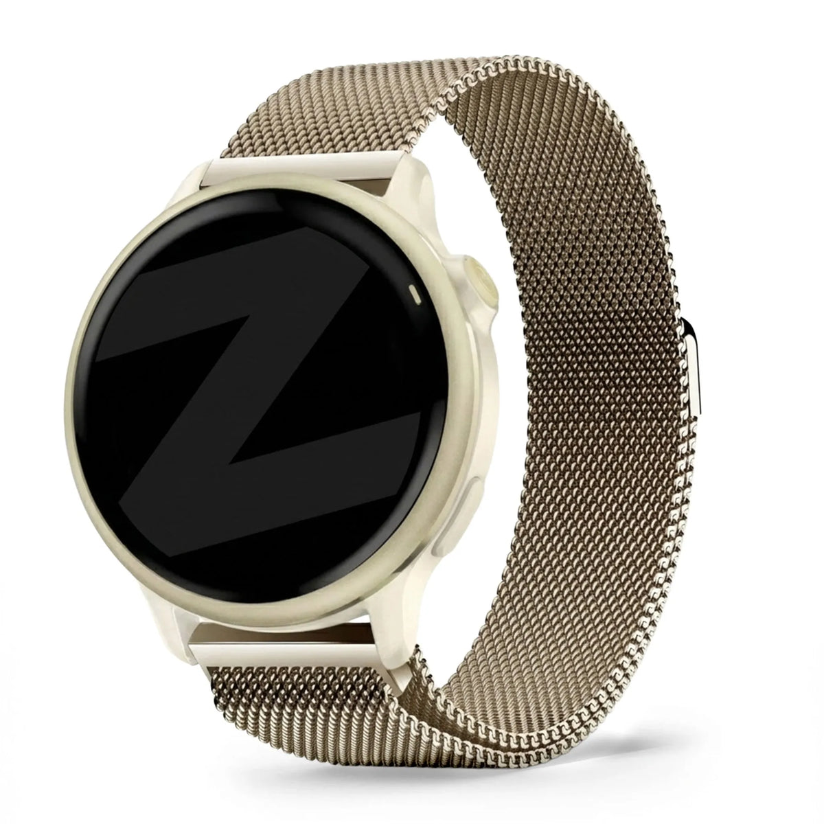 Milanese Loop Strap, champagne, on a watch, 3/4 front view