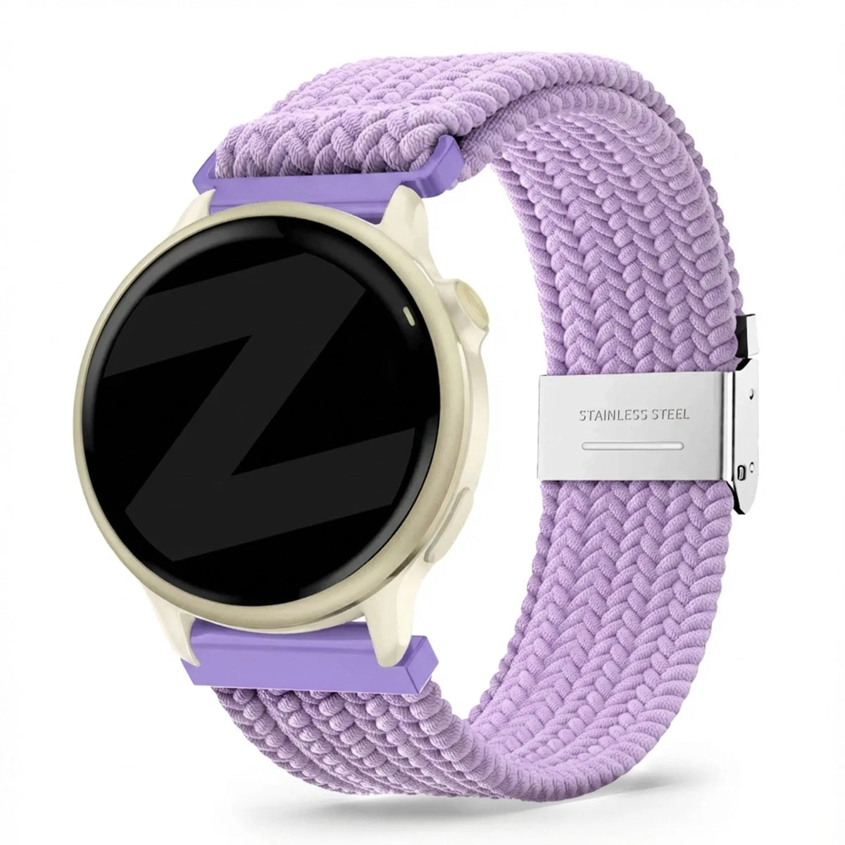 Woven Nylon Strap, light purple, on a watch, 3/4 front view