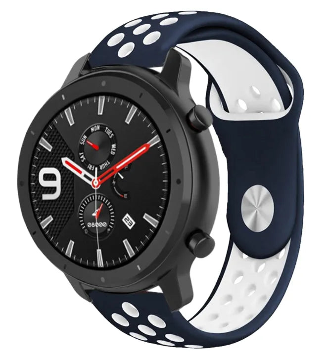 Silicone Sport Strap, blue/white, on a watch, 3/4 front view