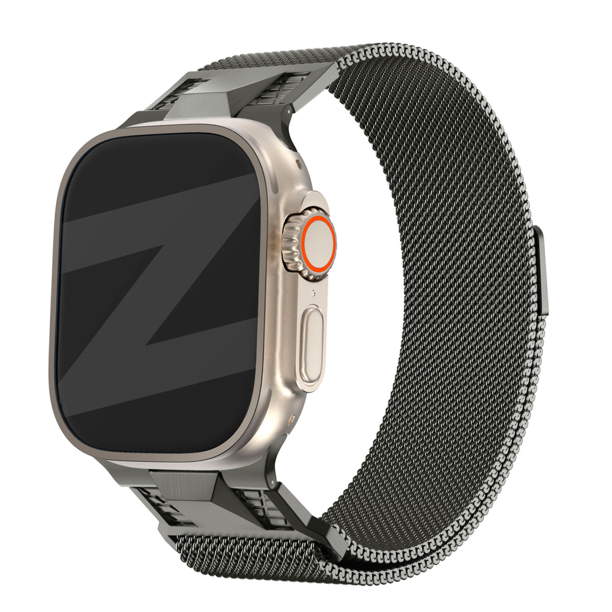 Milanese Strap 'Mecha', titanium grey, on a watch, 3/4 front view