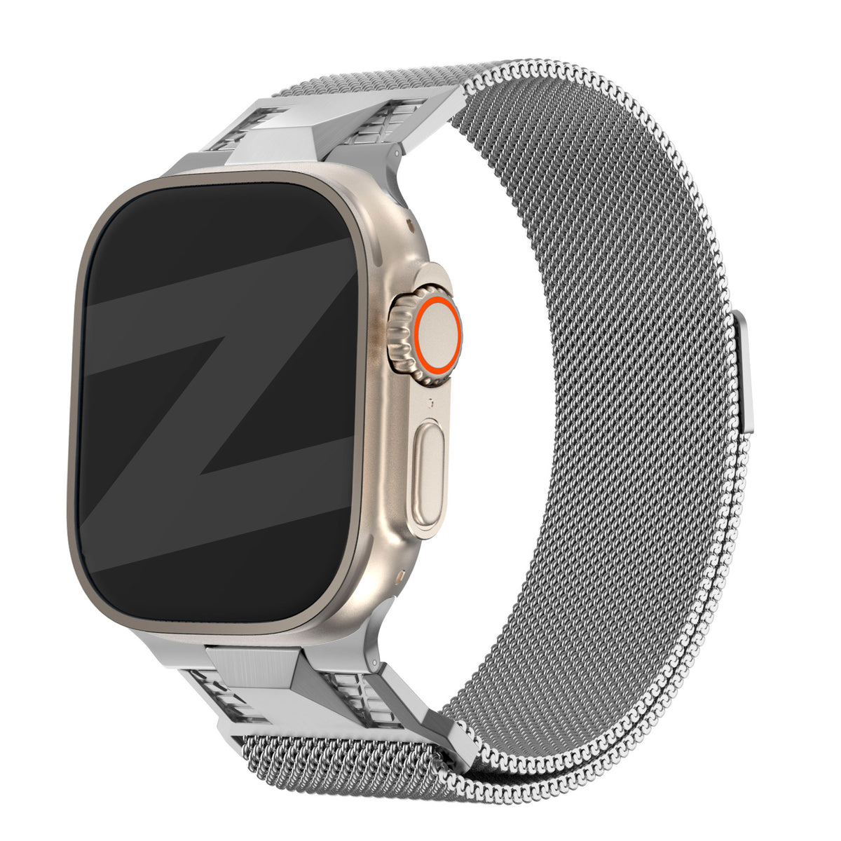 Milanese Strap 'Mecha', silver, on a watch, 3/4 front view