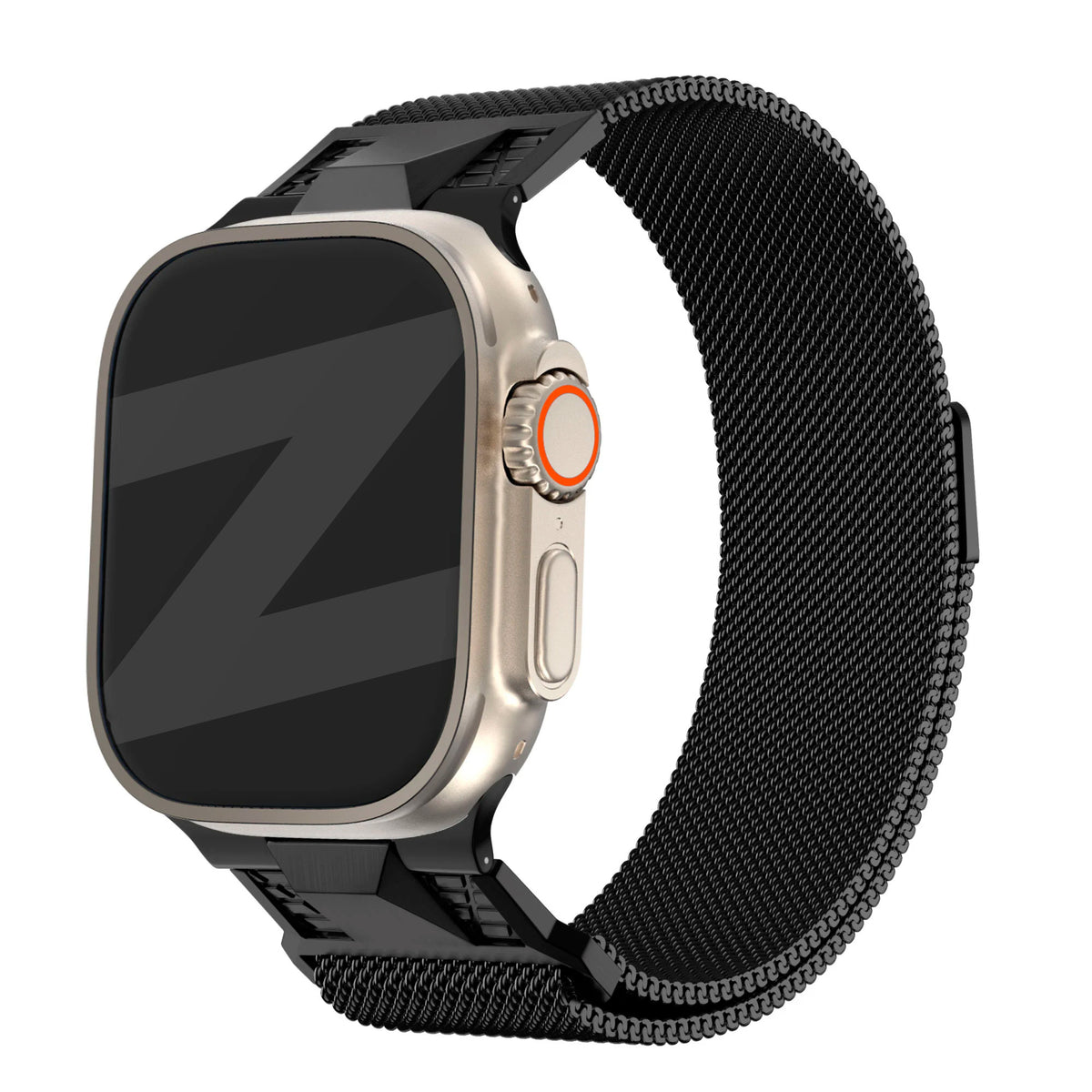 Milanese Strap 'Mecha', black, on a watch, 3/4 front view