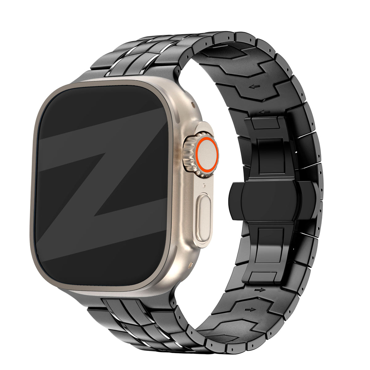 Titanium Strap 'Supreme', black, on a watch, 3/4 front view