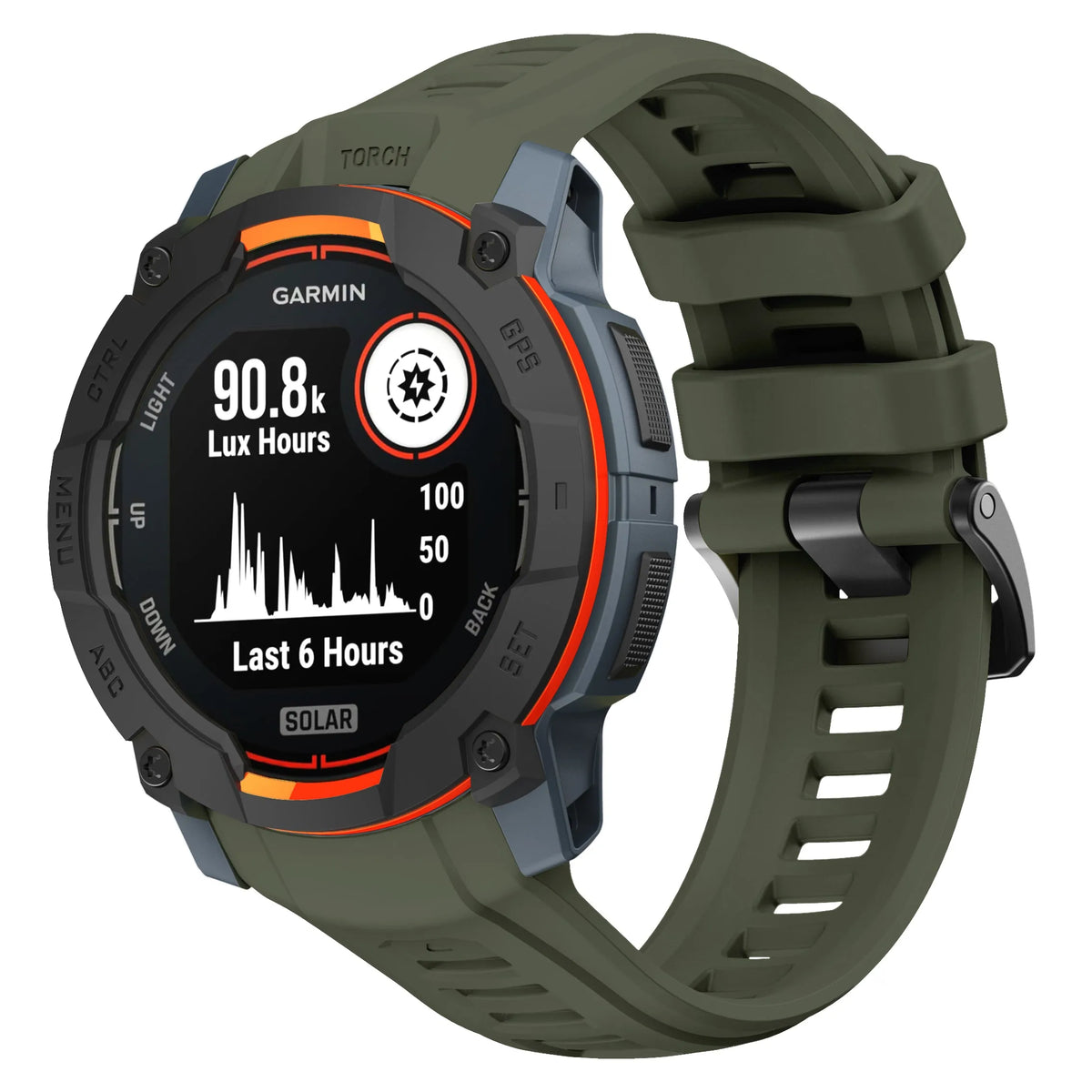 Silicone Strap, army green, on a watch, 3/4 front view