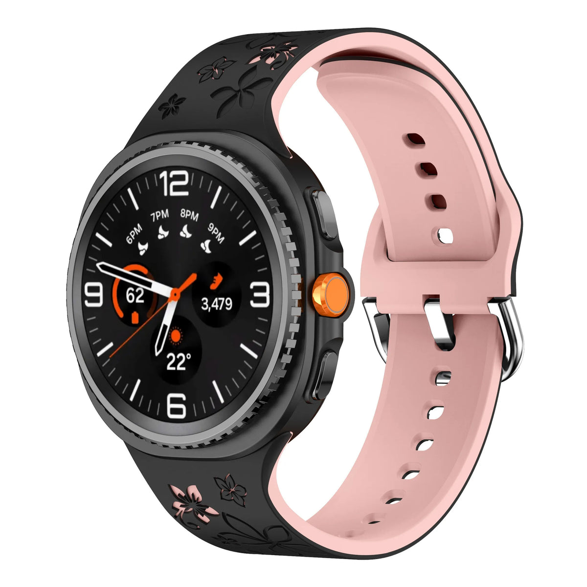 Flower Silicone Strap, black/pink, on a watch, 3/4 front view