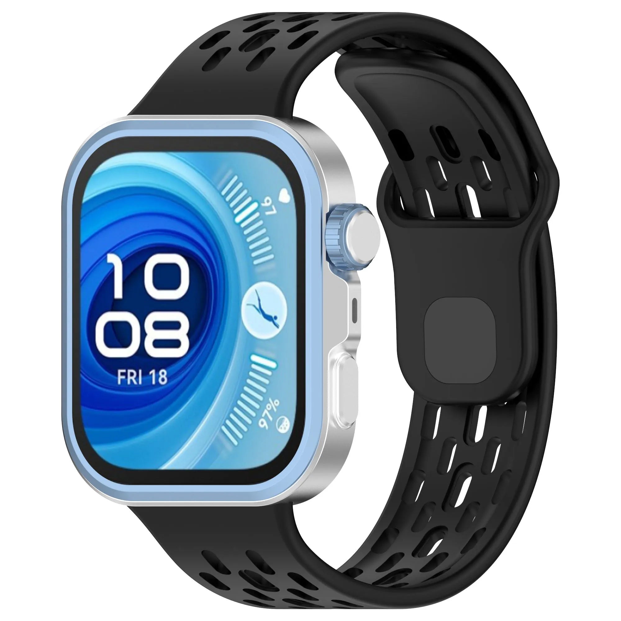 Silicone Air Strap, black, on a watch, 3/4 front view