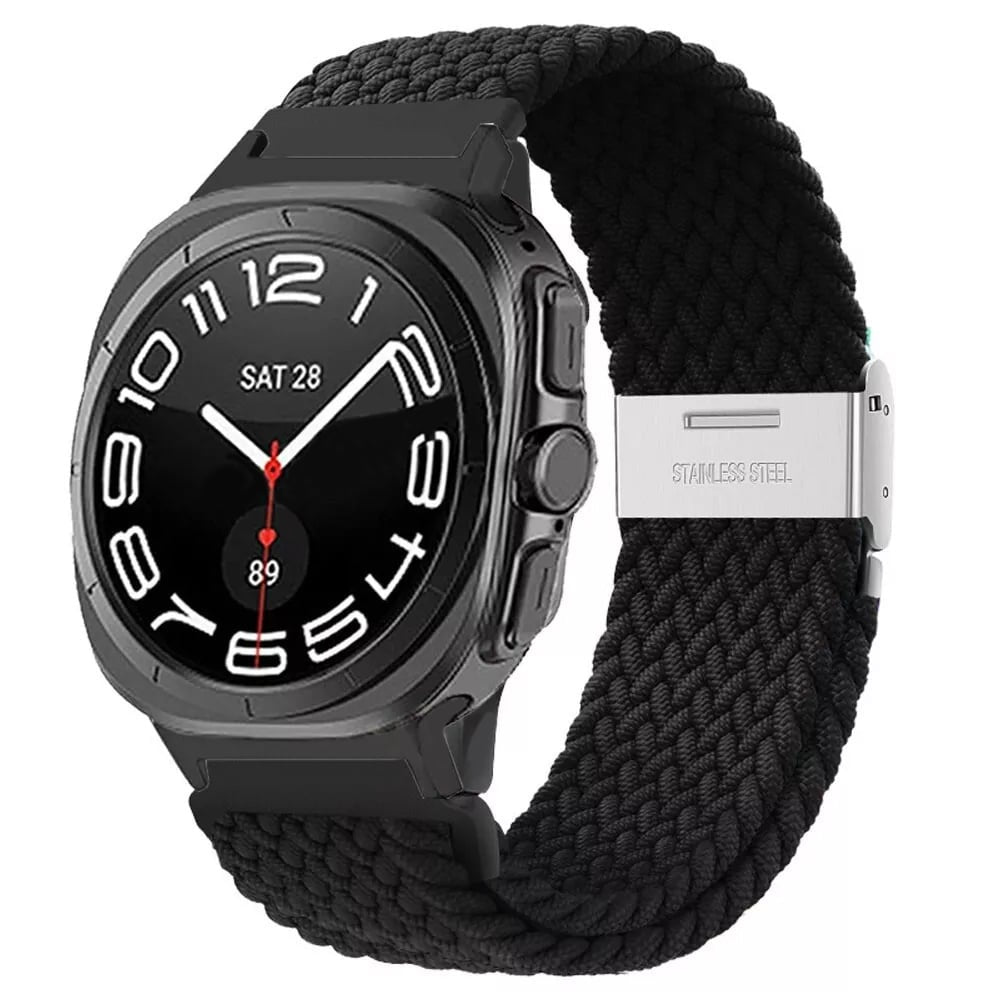 Braided Nylon Strap, black, on a watch, 3/4 front view