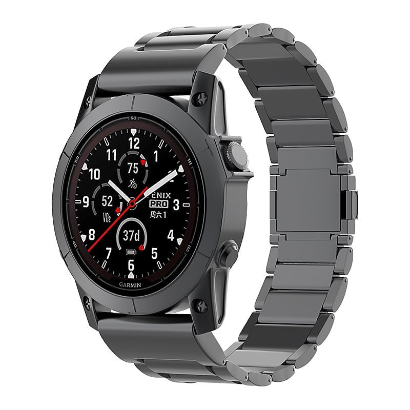 Magnetic Titanium Strap, black, on a watch, 3/4 front view