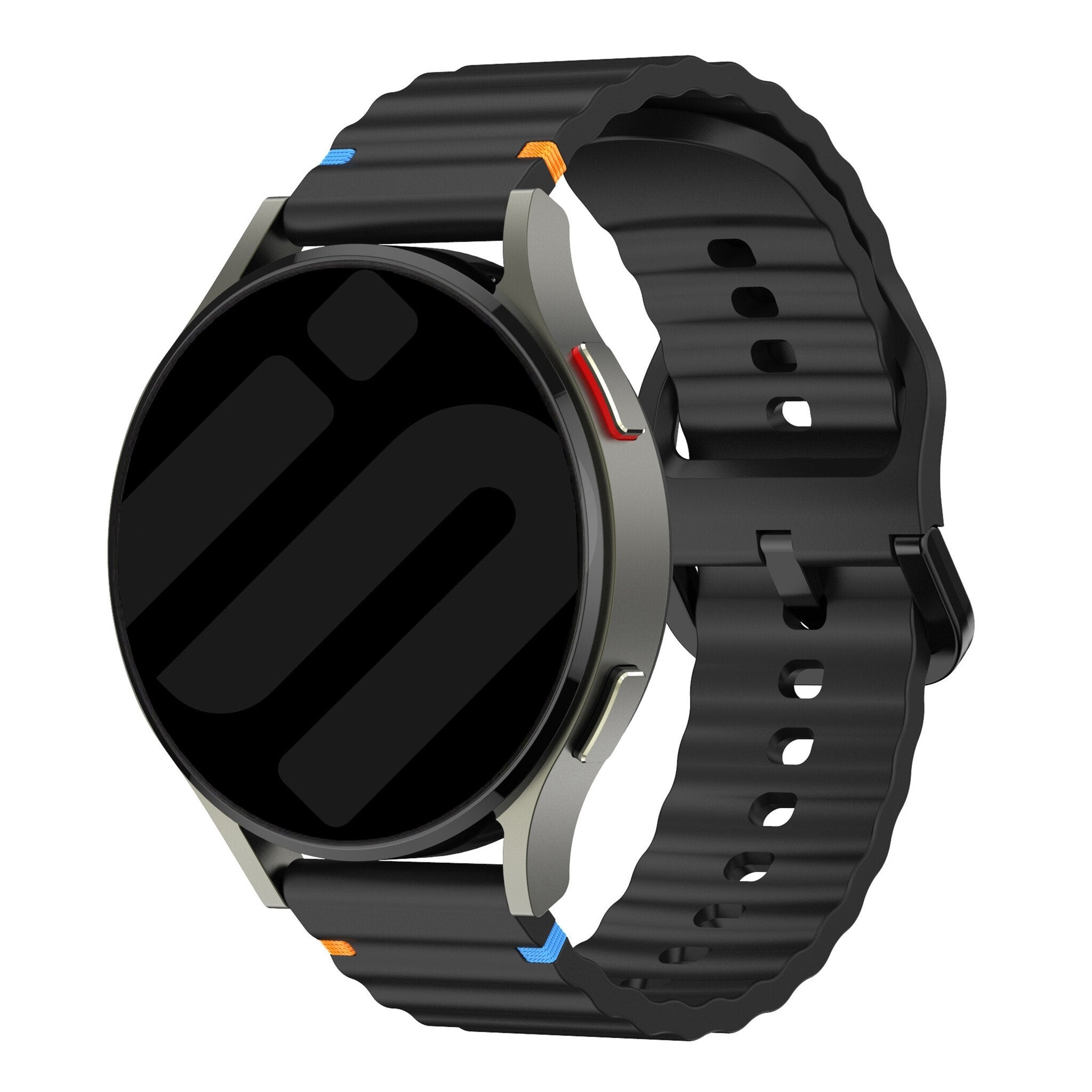 Wave Silicone Strap, black, on a watch, 3/4 front view