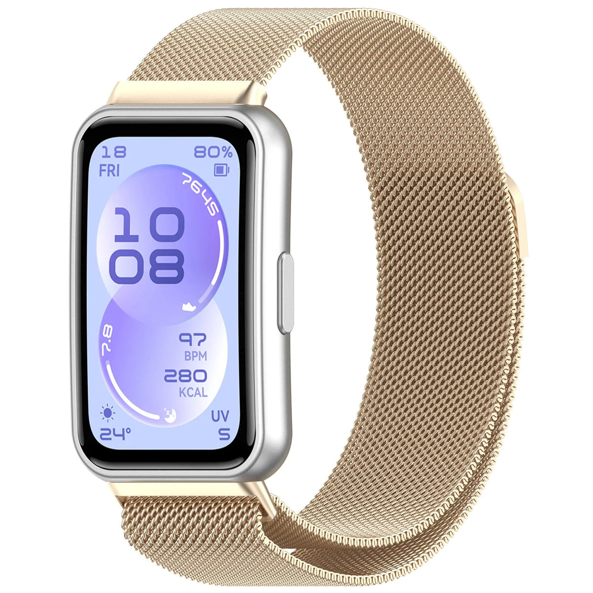 Milanese Strap, champagne, on a watch, 3/4 front view