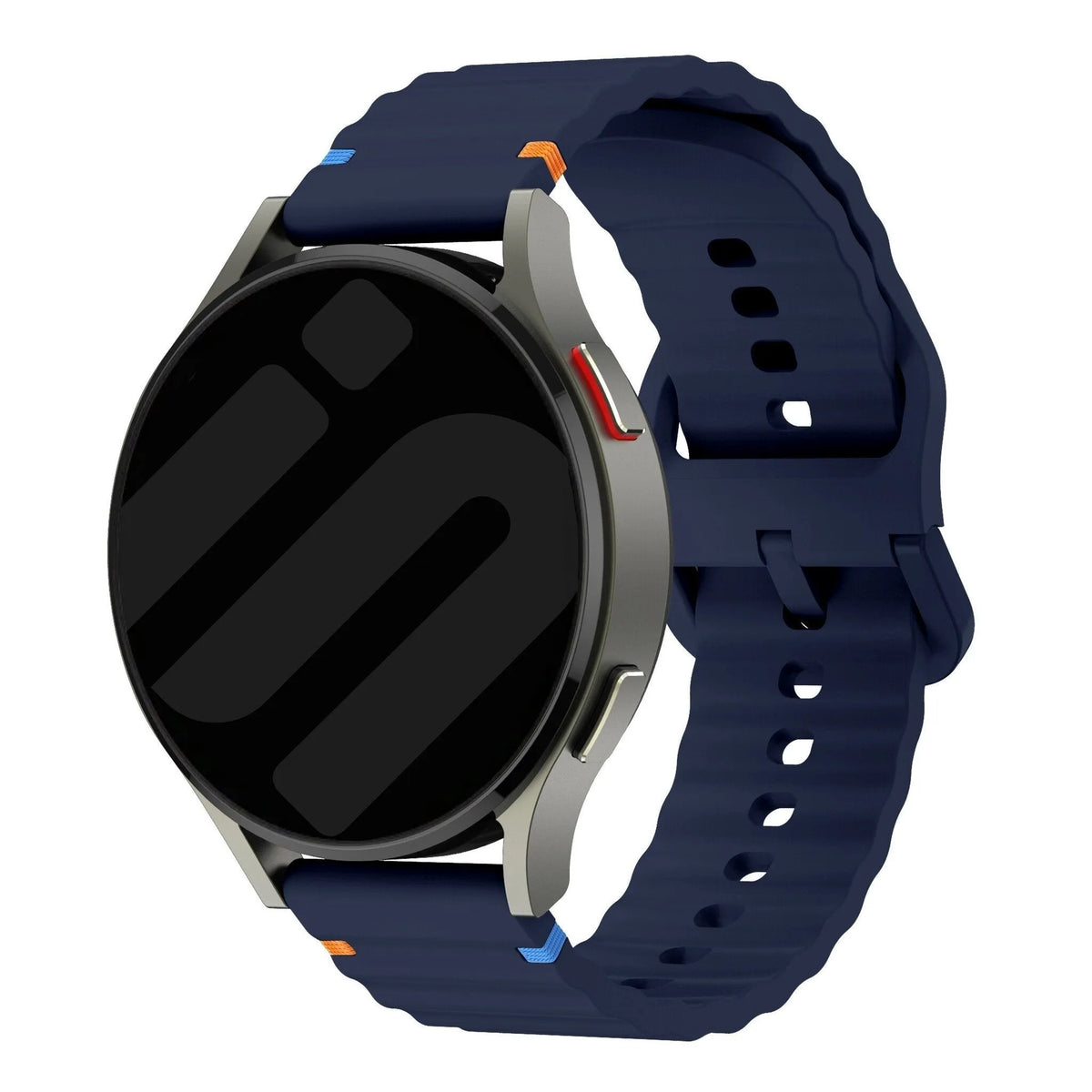 Wave Silicone Strap, dark blue, on a watch, 3/4 front view