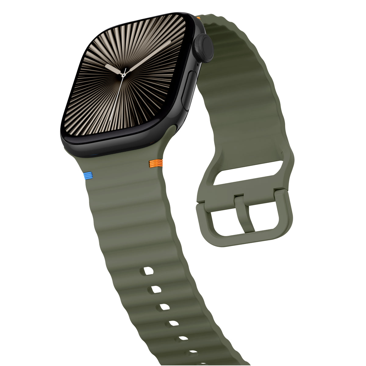 Wave Silicone Strap, dark green, on a watch, 3/4 front view