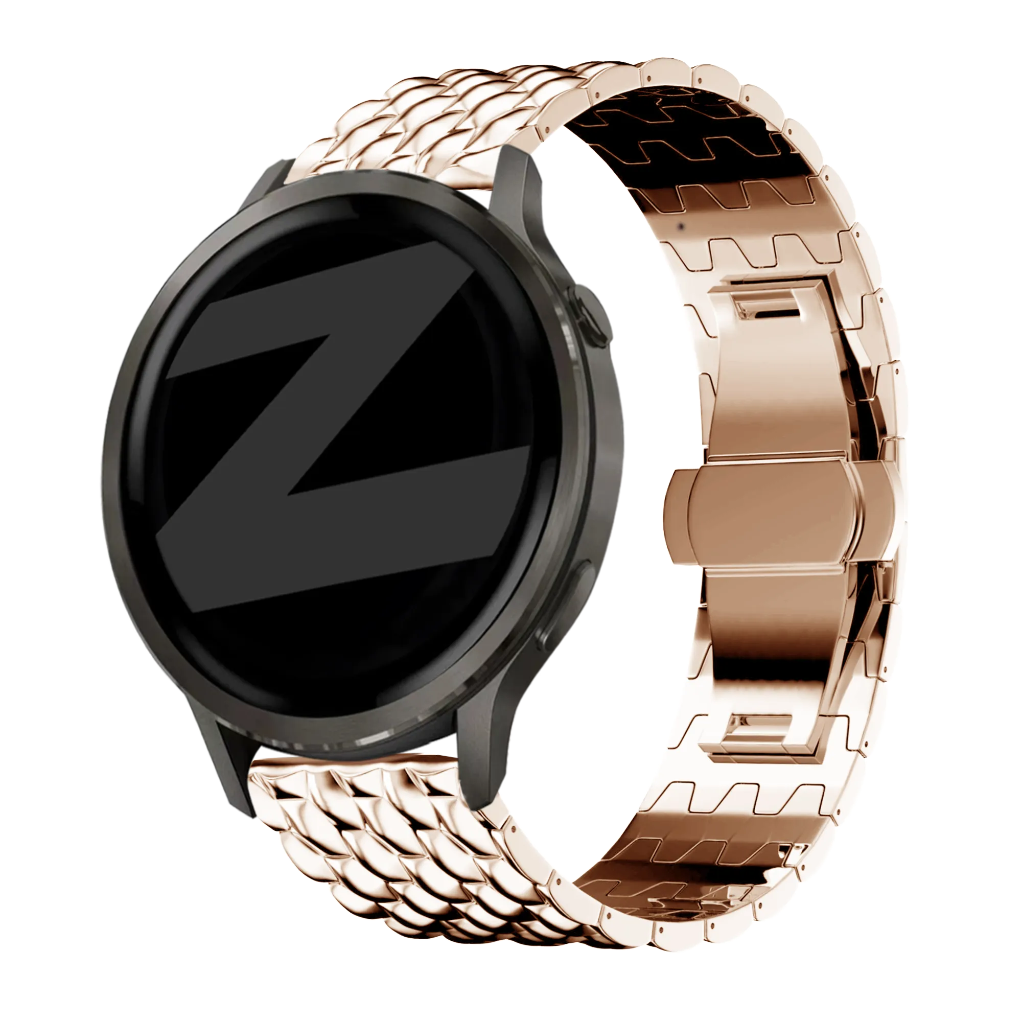 Steel Strap 'Dragon', rose gold, on a watch, 3/4 front view