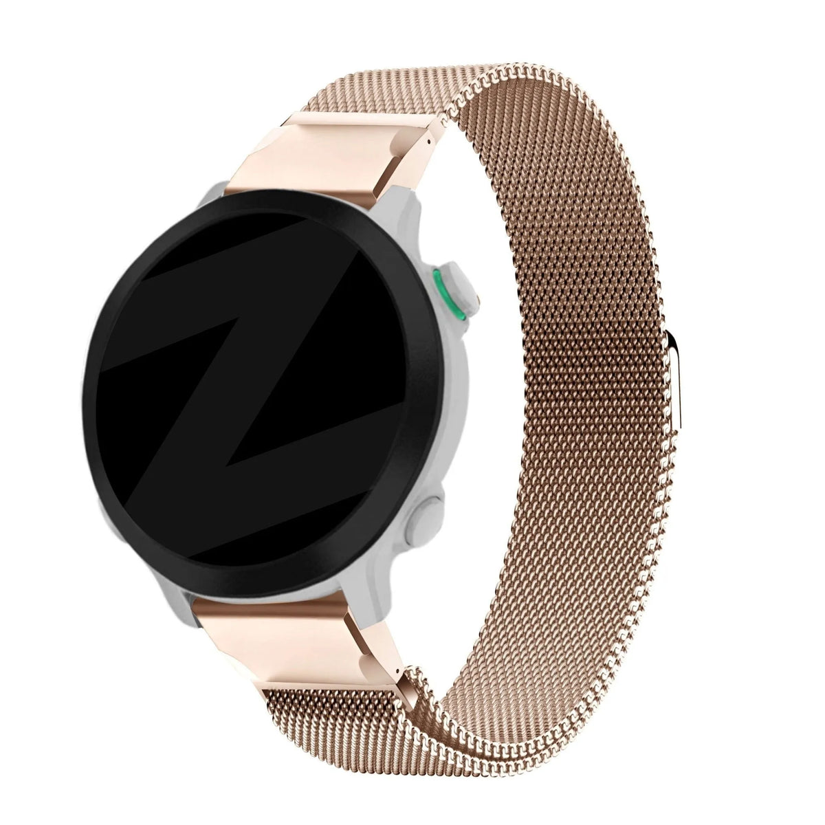 Milanese Loop Strap, rose gold, on a watch, 3/4 front view