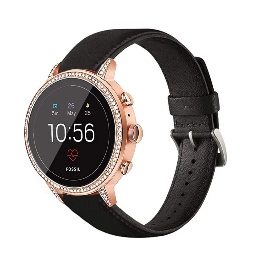 Leather Strap, black, on a watch, 3/4 front view