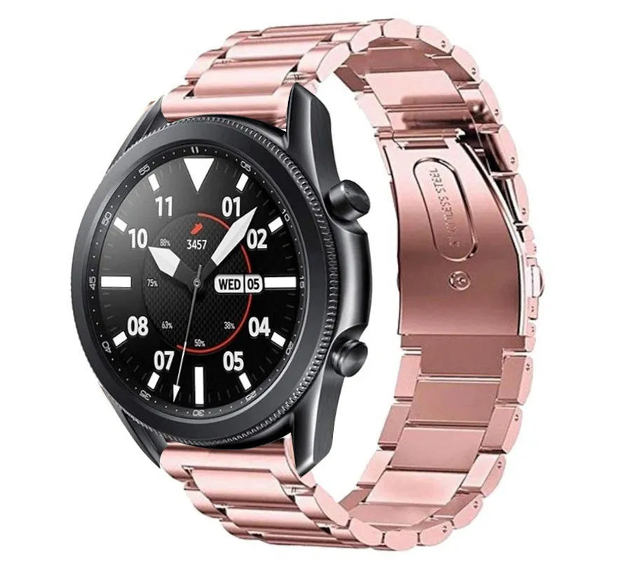 Steel Strap, pink, on a watch, 3/4 front view