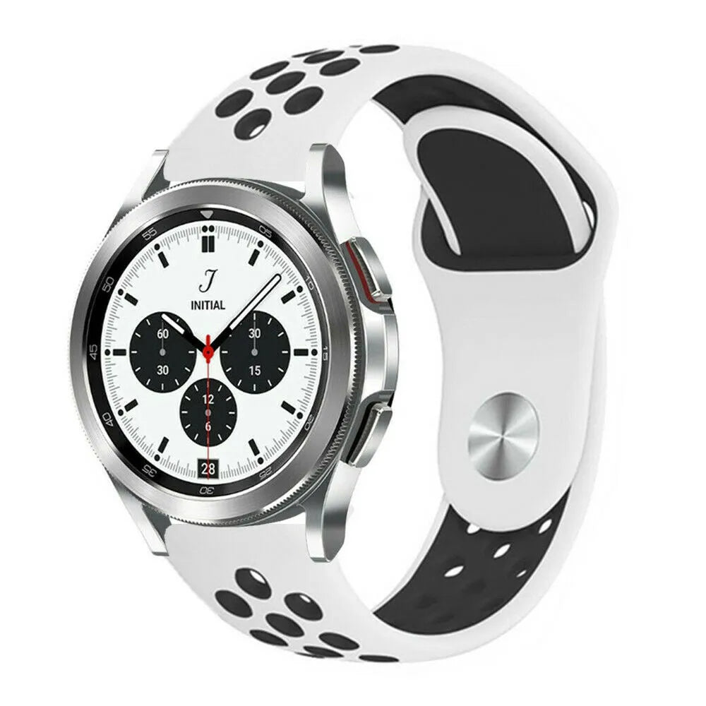 Silicone Sport Strap, white/black, on a watch, 3/4 front view