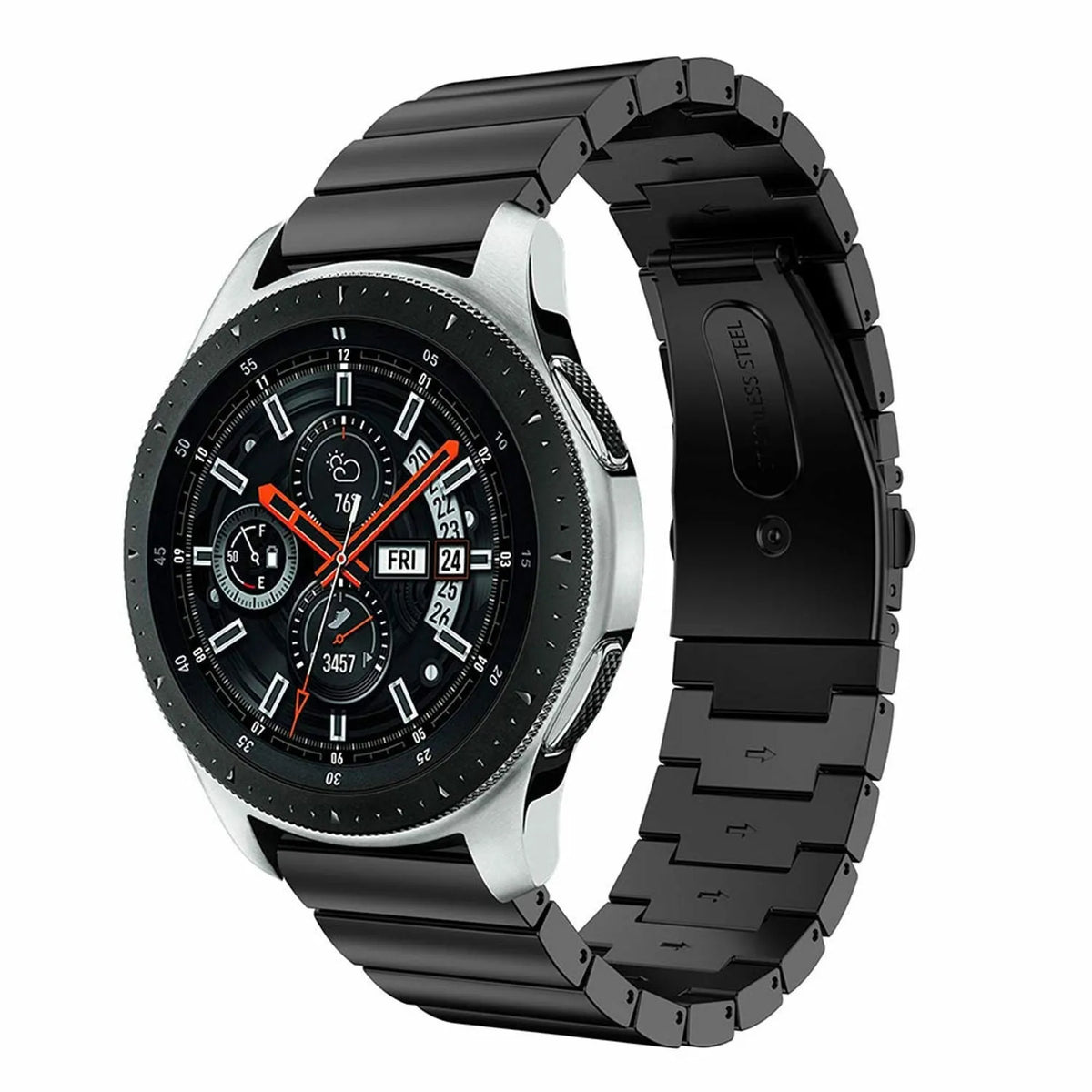 Premium Metal Strap, black, on a watch, 3/4 front view