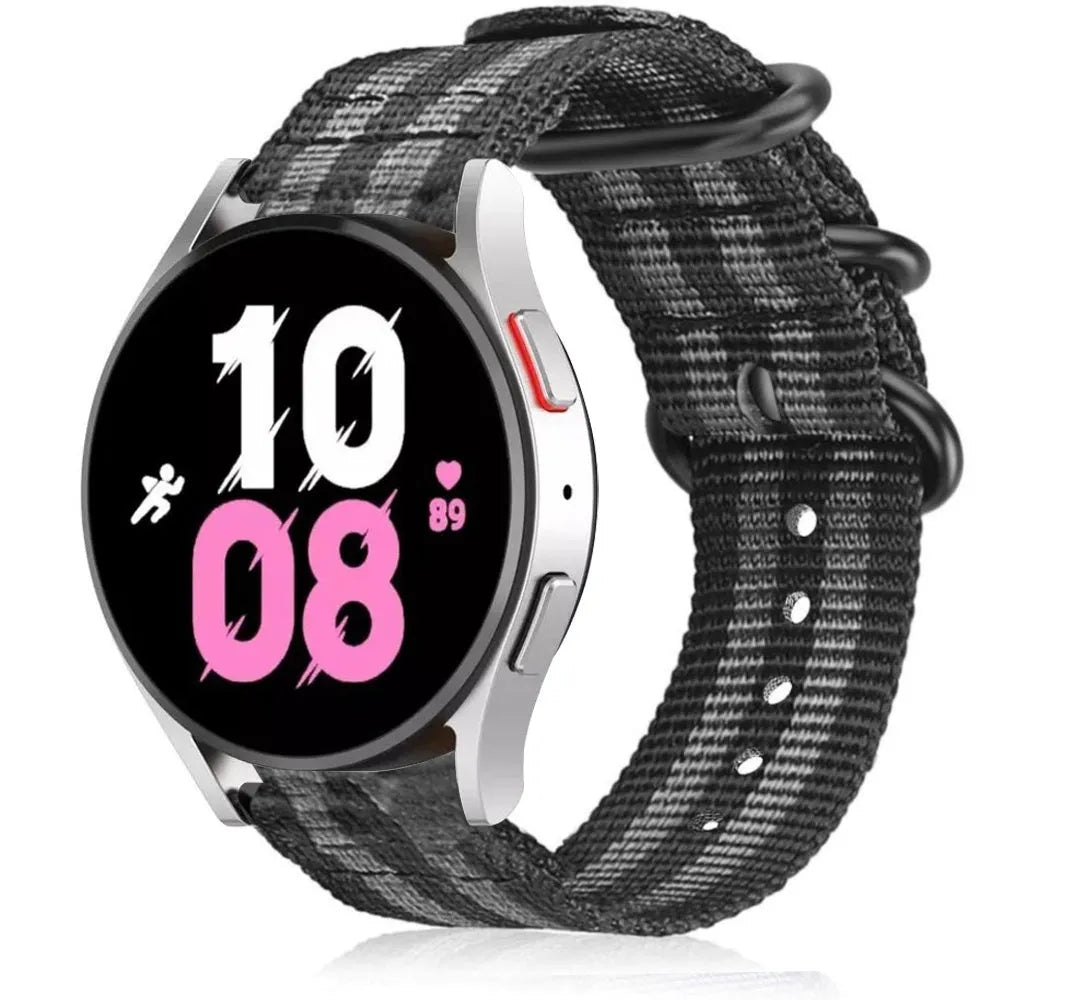 Nylon Buckle Strap, black/grey, on a watch, 3/4 front view