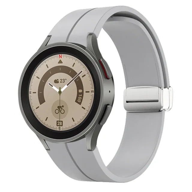 Silicone Magnetic Sport Strap, grey, on a watch, 3/4 front view
