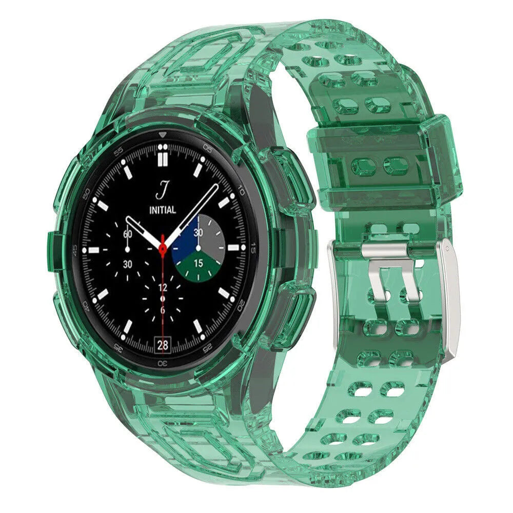 Silicone Strap with Frame, transparent green, on a watch, 3/4 front view