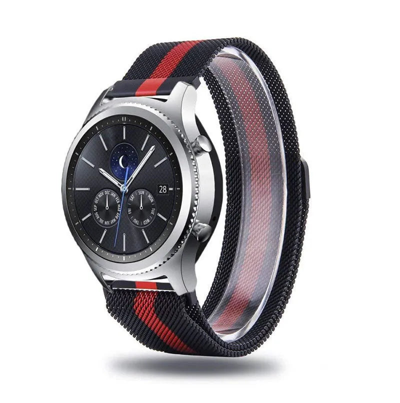 Milanese Strap, black/red, on a watch, 3/4 front view