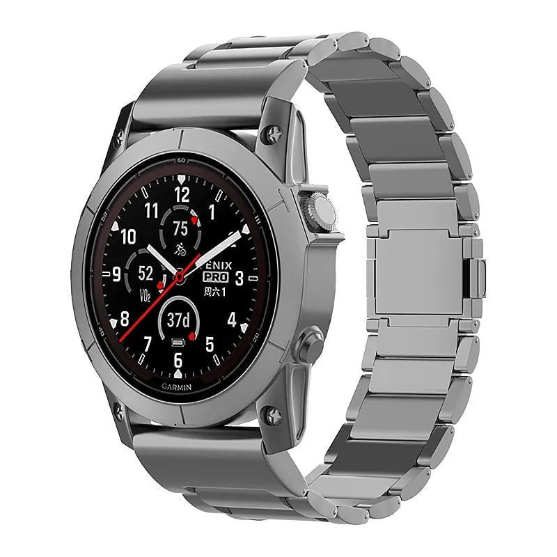 Magnetic Titanium Strap, graphite, on a watch, 3/4 front view