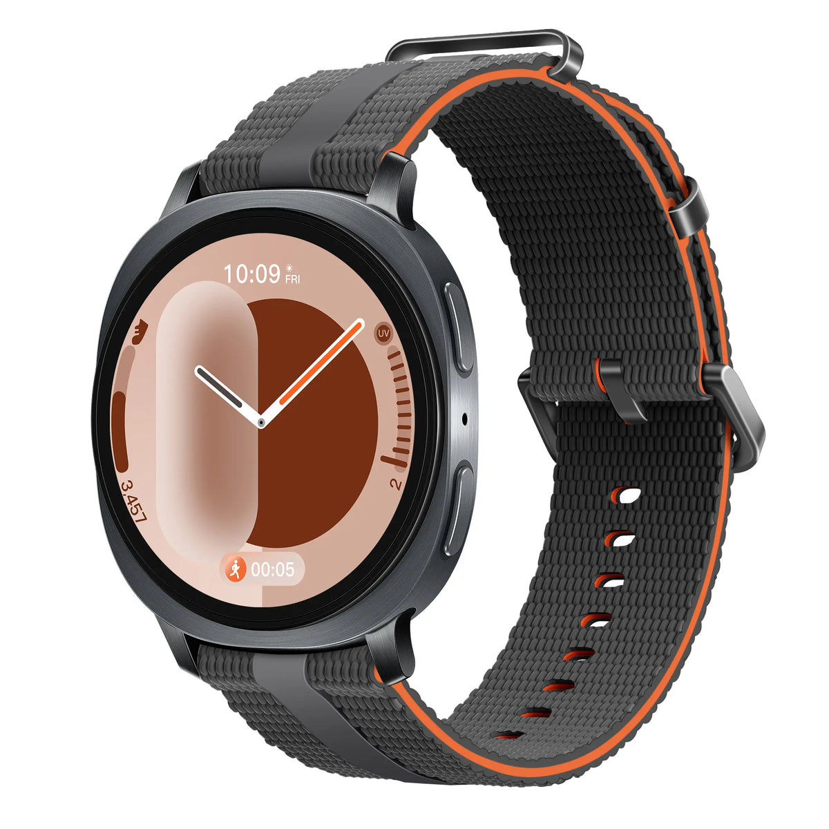 Silicone Active Strap, dark grey/orange, on a watch, 3/4 front view