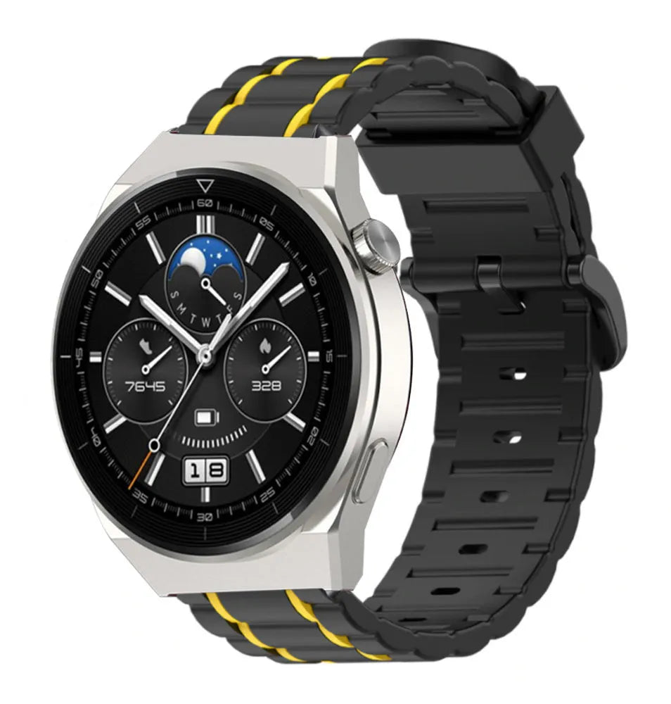 Silicone Sport Strap with Buckle, black/yellow, on a watch, 3/4 front view