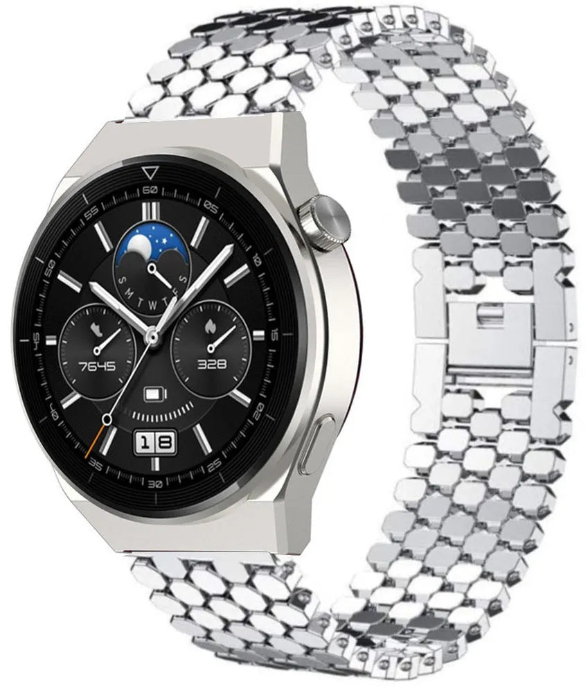 Steel Strap Hexagons, silver, on a watch, 3/4 front view