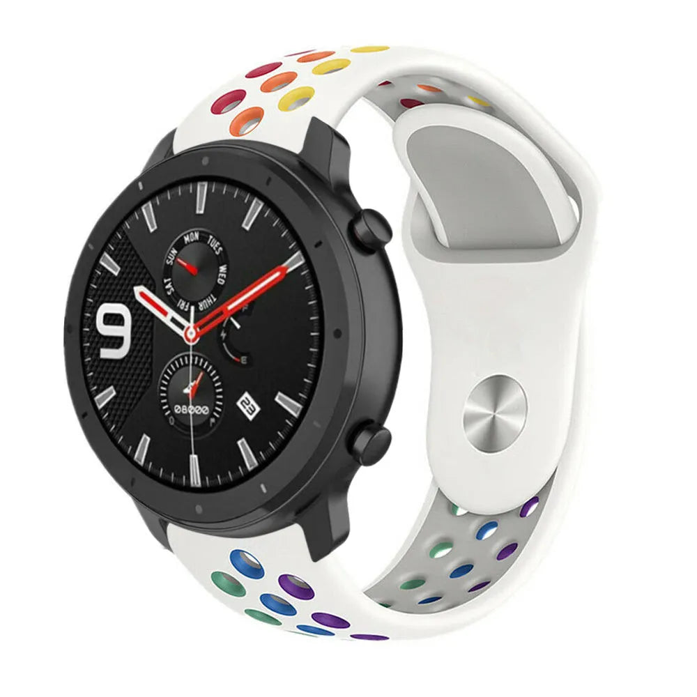 Silicone Sport Strap, white/colourful, on a watch, 3/4 front view